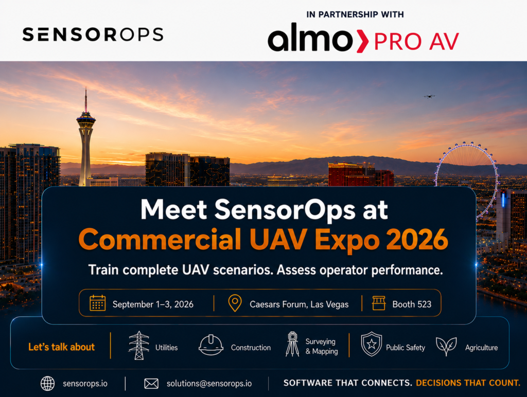 SensorOps booth advertisement for Commercial UAV Expo, September 2026, Las Vegas